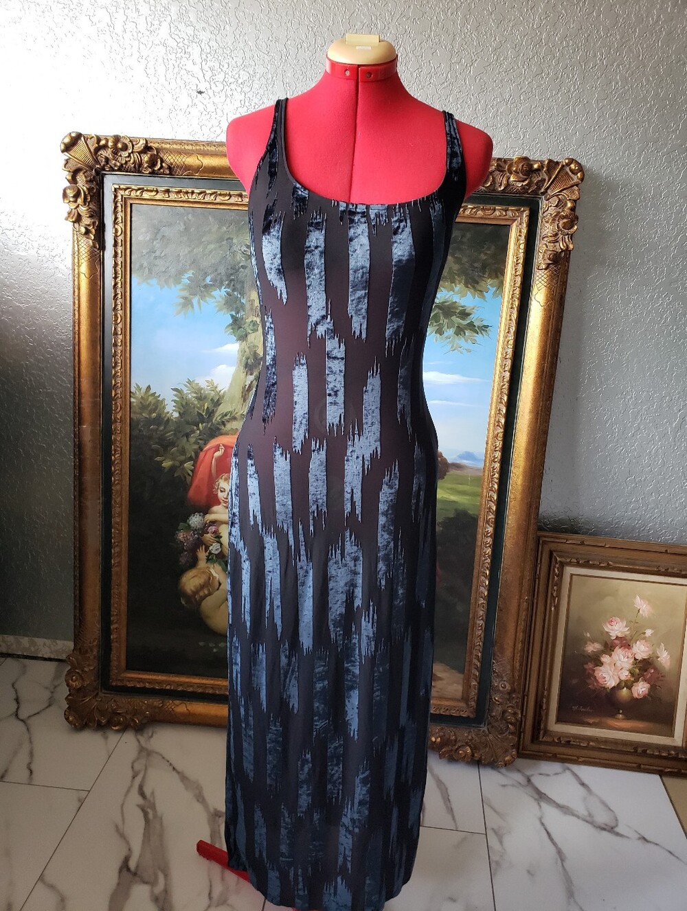 Cosabella Black and Slate Blue Brushstroke Maxi Dress